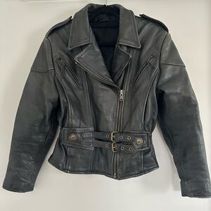 Vintage Black Leather Womens Biker Jacket with Belt